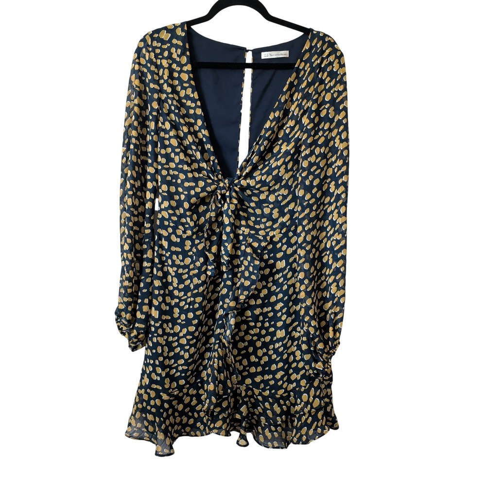 Here Comes The Sun Navy Yellow Dot Tie Front Ruffle Mini Dress Womens Size M